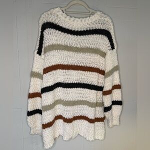 BiBi Striped Crew Neck Sweater White,Black, Brown, Gray Chunky Knit Plus 2X